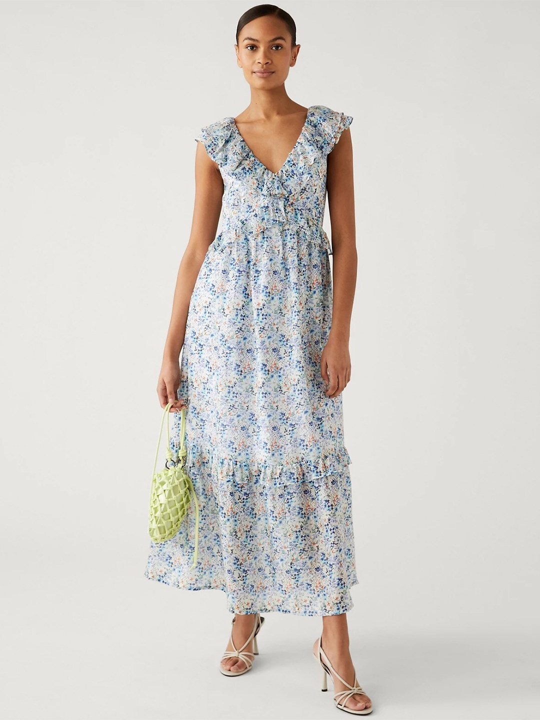 

Marks & Spencer Floral Printed Ruffled Fit & Flare Maxi Dress, Blue