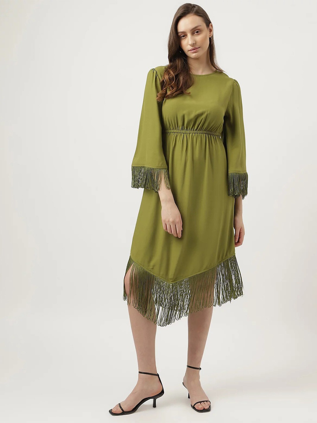 

Marks & Spencer Flared Sleeves Fringed Fit & Flare Midi Dress, Olive