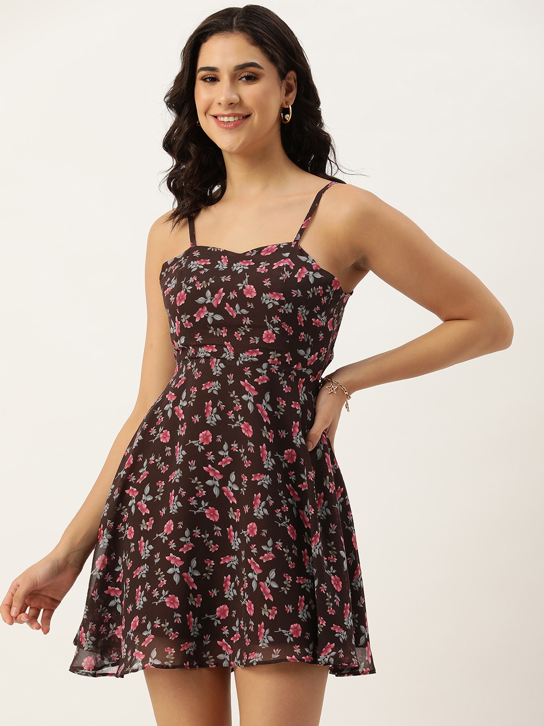 

ROVING MODE Floral Print Georgette Fit & Flare Mini Dress, Brown