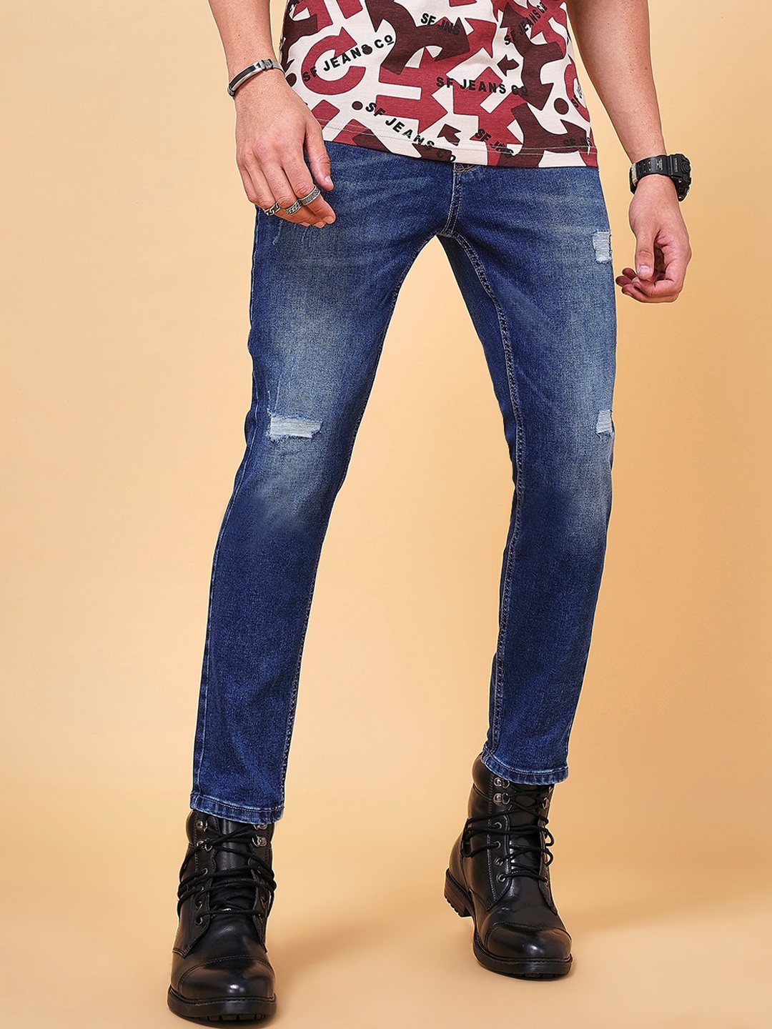 

SF JEANS by Pantaloons Men Slim Fit Low Distress Light Fade Jeans, Blue