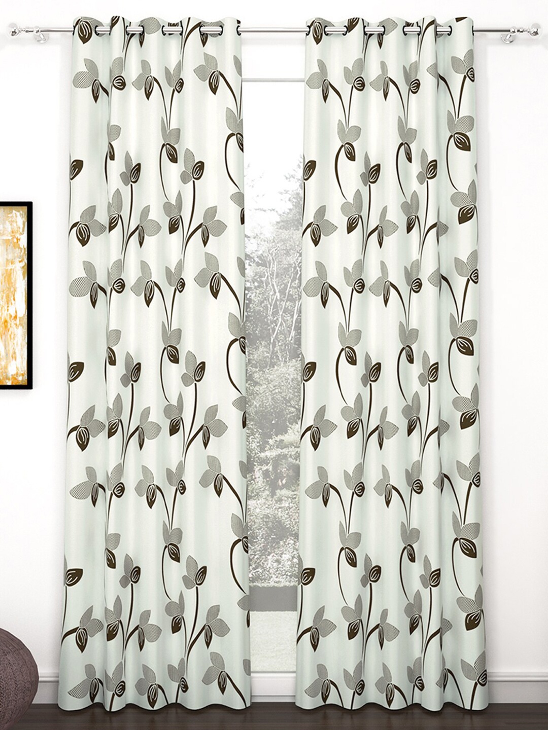 

Story@home Nature Off White & Grey 2 Pieces Floral Printed Long Door Curtains
