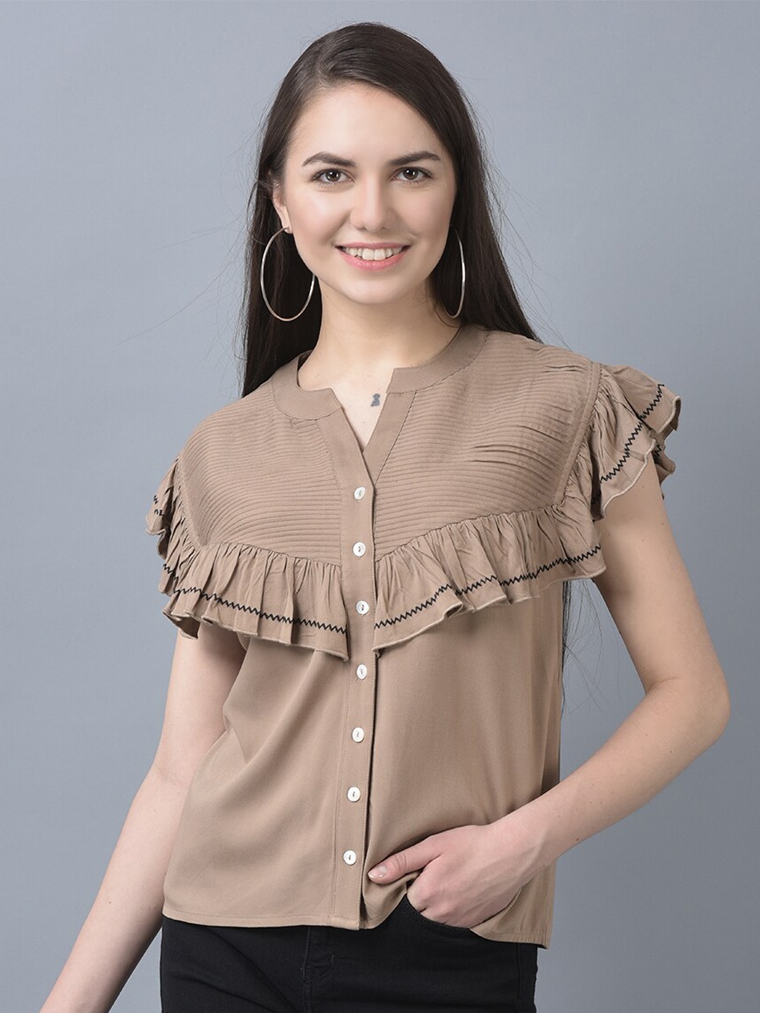 

CANOE Flutter Sleeves Round Noth Neck Top, Beige