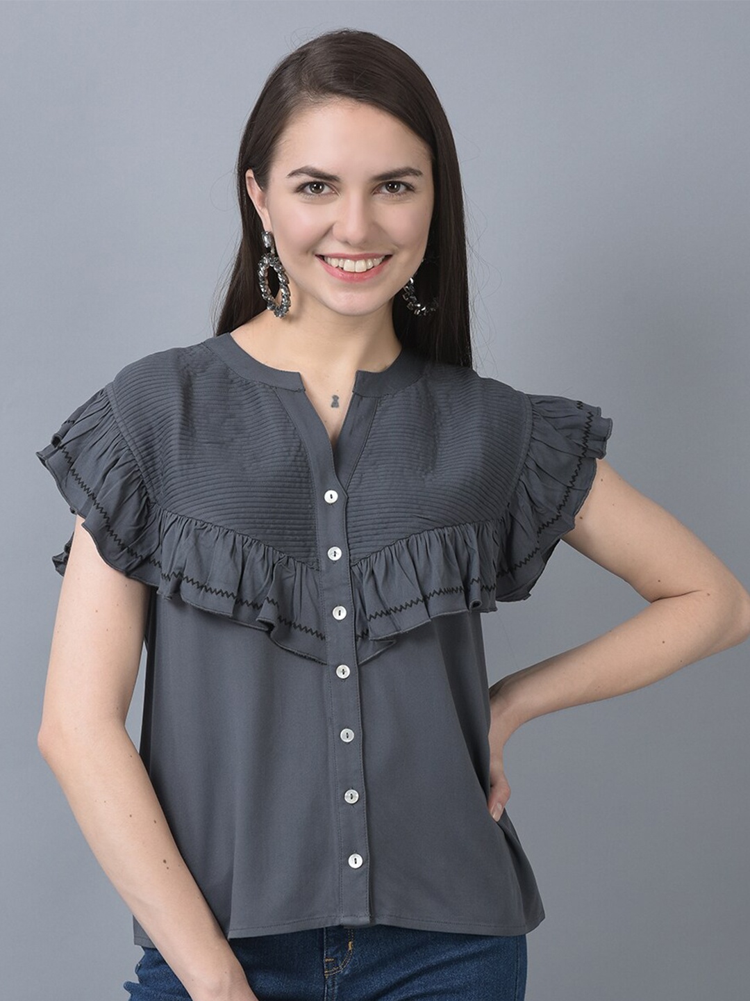 

CANOE Mandarin Collar Flutter Sleeves Ruffled Top, Grey
