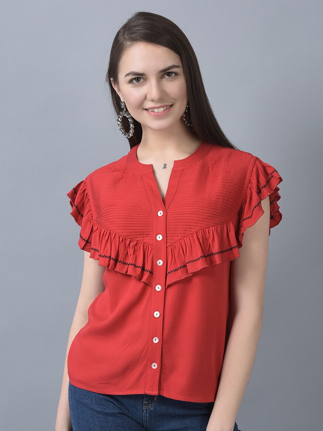 

CANOE Mandarin Collar Flared Sleeves Ruffles Shirt Style Top, Red