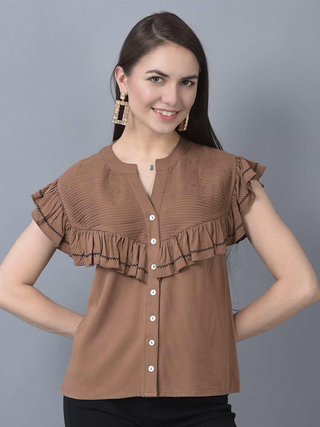 

CANOE Mandarin Collar Ruffled Empire Top, Brown