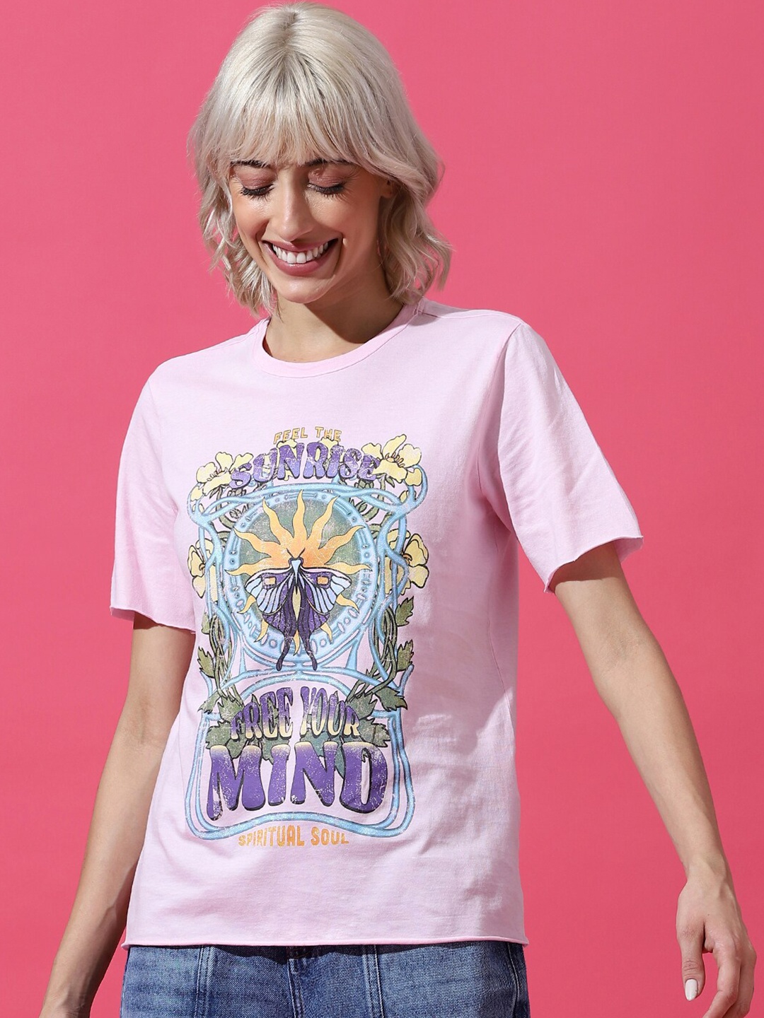 

ONLY Graphic Printed Raw Edge Knitted Cotton T-shirt, Pink