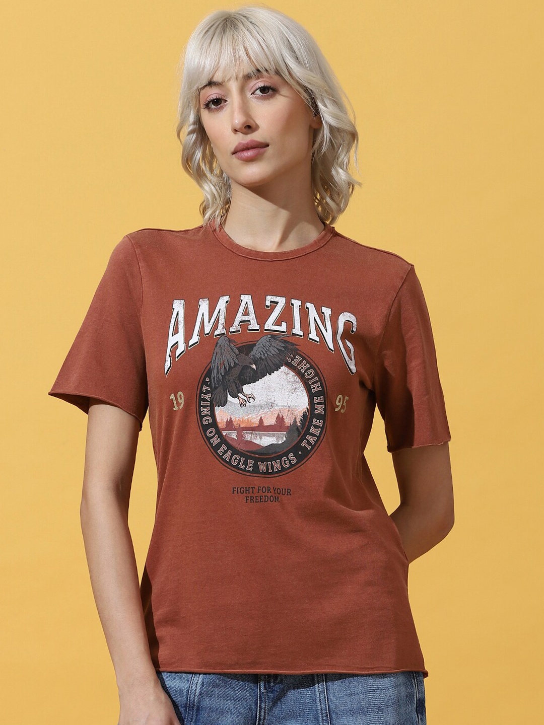 

ONLY Graphic Printed Raw Edge Knitted Cotton T-shirt, Brown