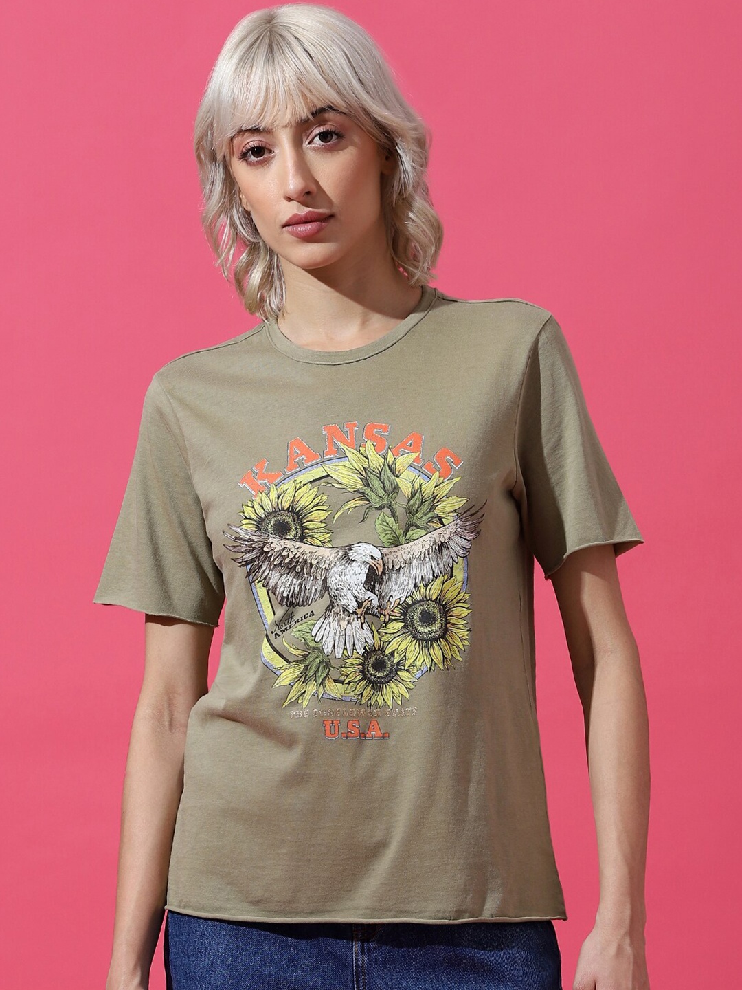

ONLY Graphic Printed Raw Edge Knitted Cotton T-shirt, Olive
