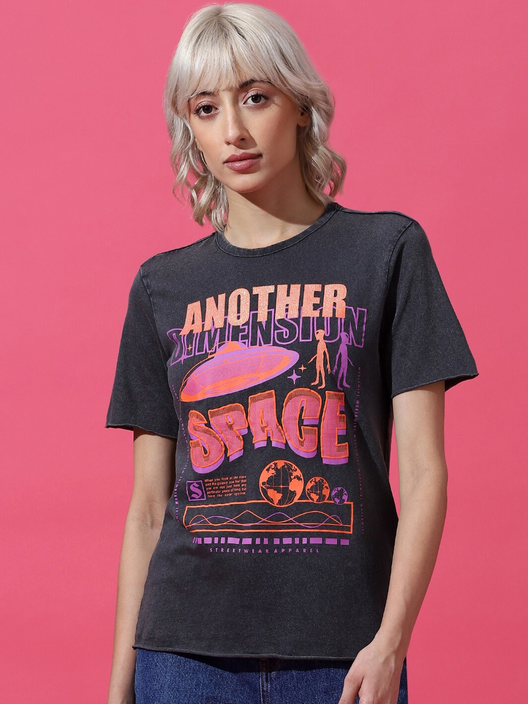

ONLY Graphic Printed Raw Edge Knitted Cotton T-shirt, Black