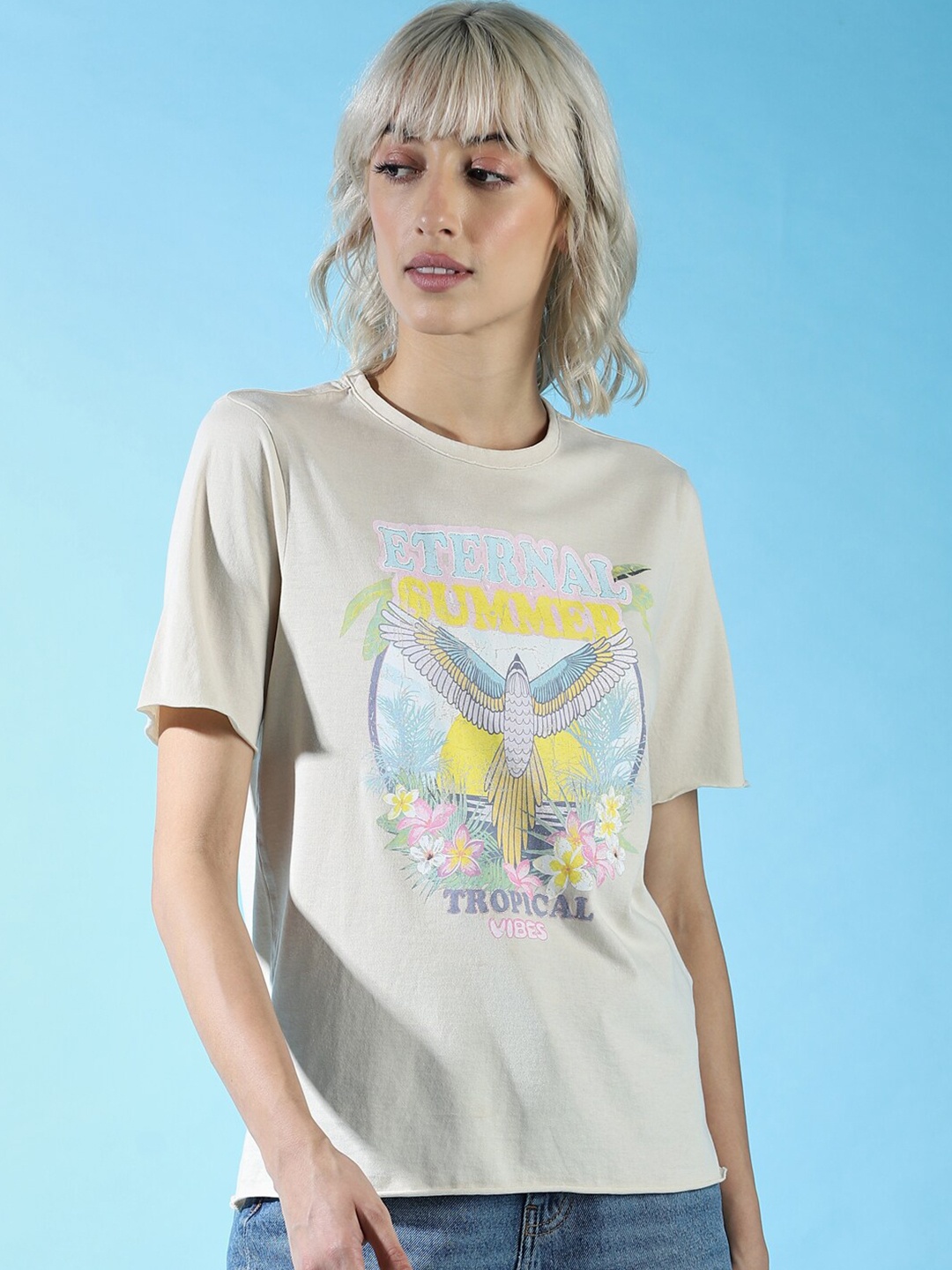 

ONLY Graphic Printed Raw Edge Knitted Cotton T-shirt, Beige