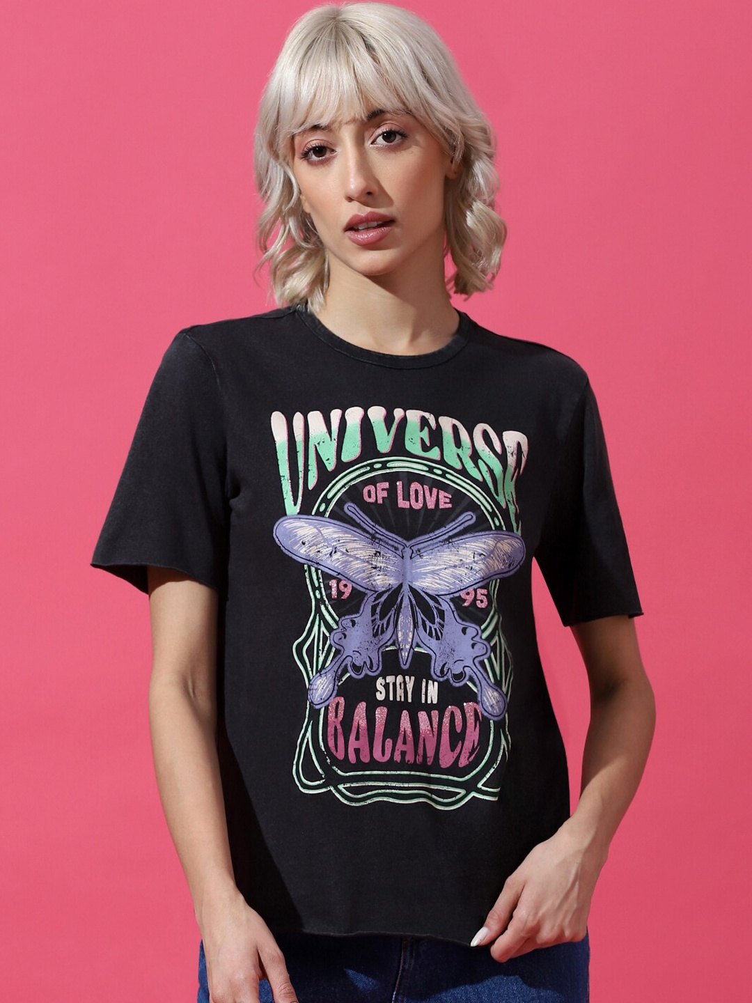 

ONLY Graphic Printed Raw Edge Knitted Cotton T-shirt, Black