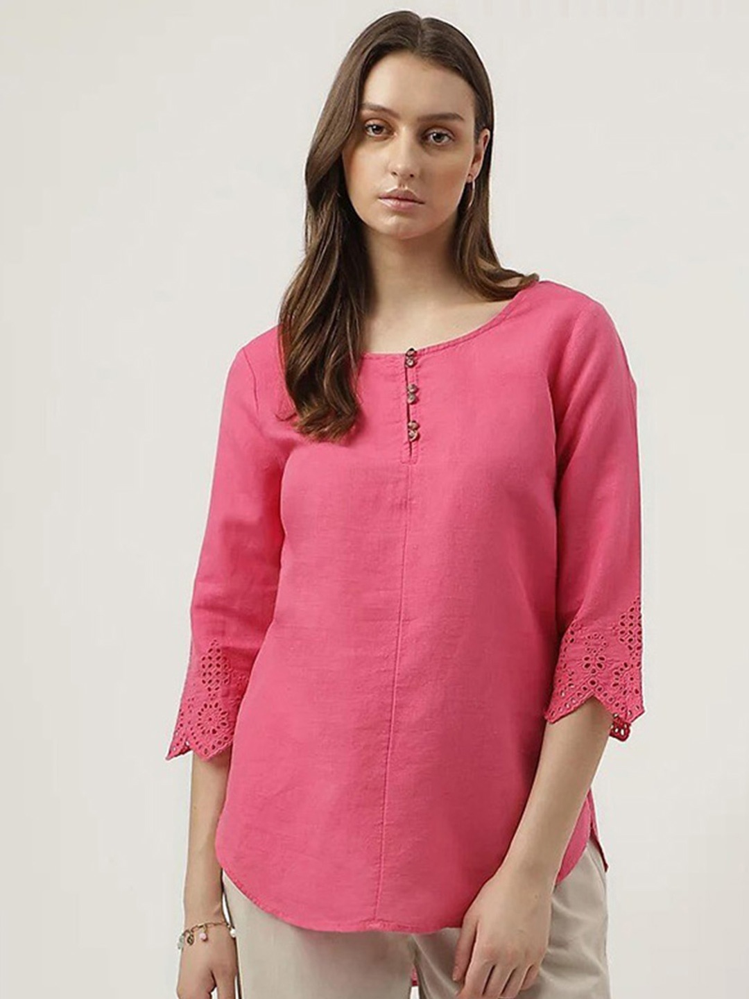 

Marks & Spencer Round Neck Cut-Out Three-Fourth Sleeves High-Low Top, Pink