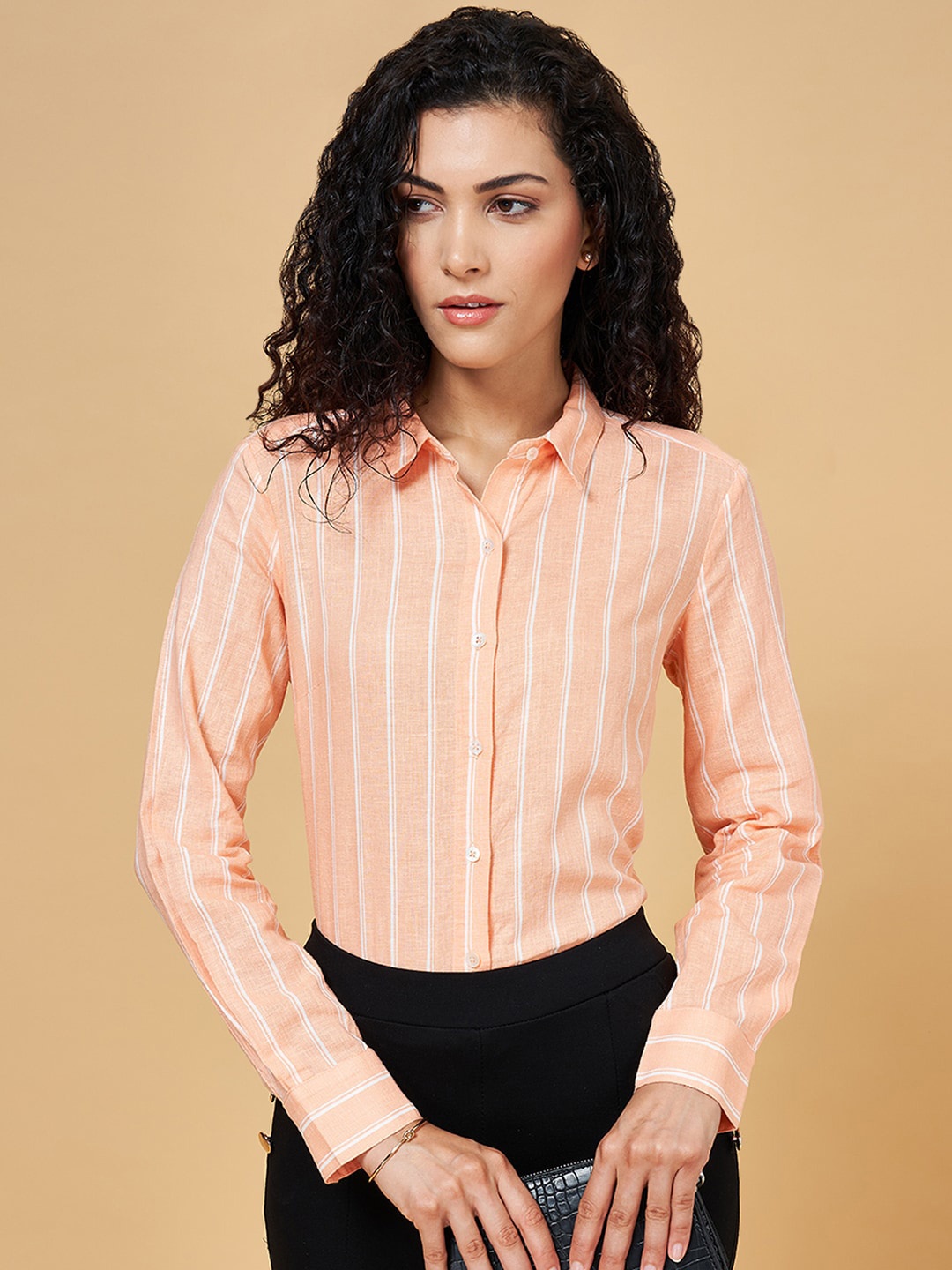 

Annabelle by Pantaloons Opaque Striped Formal Shirt, Peach