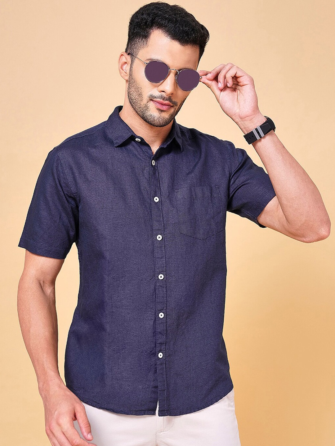 

BYFORD by Pantaloons Slim Fit Linen Cotton Casual Shirt, Navy blue