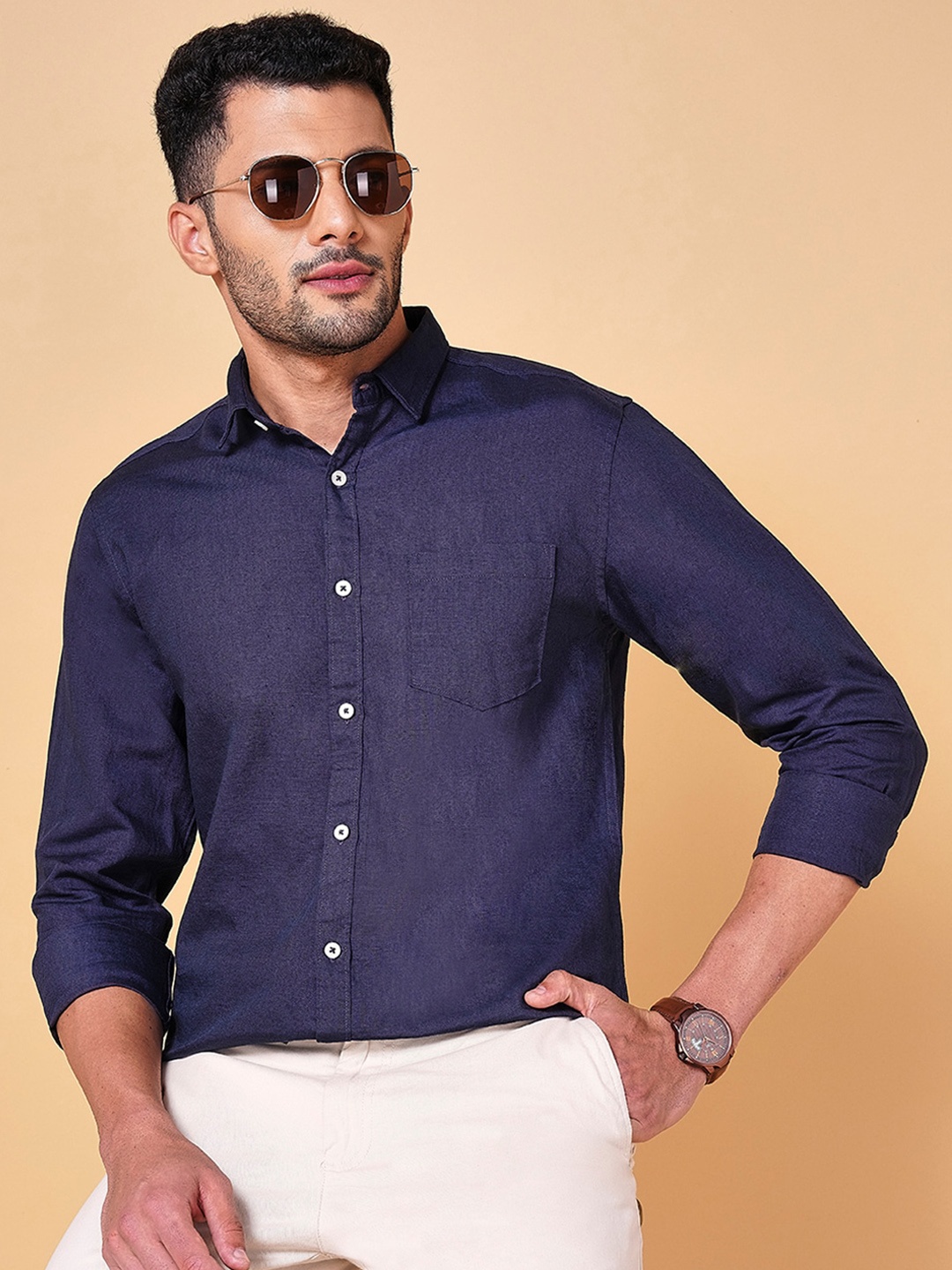 

BYFORD by Pantaloons Slim Fit Opaque Linen Cotton Casual Shirt, Navy blue