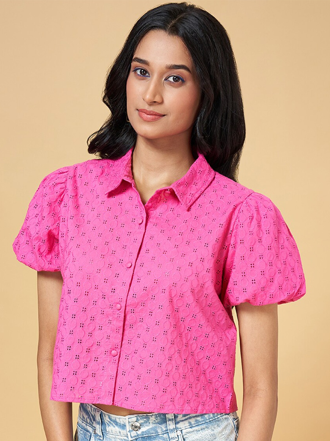 

People Schiffli Embroidered Puff Sleeve Casual Crop Shirt, Pink