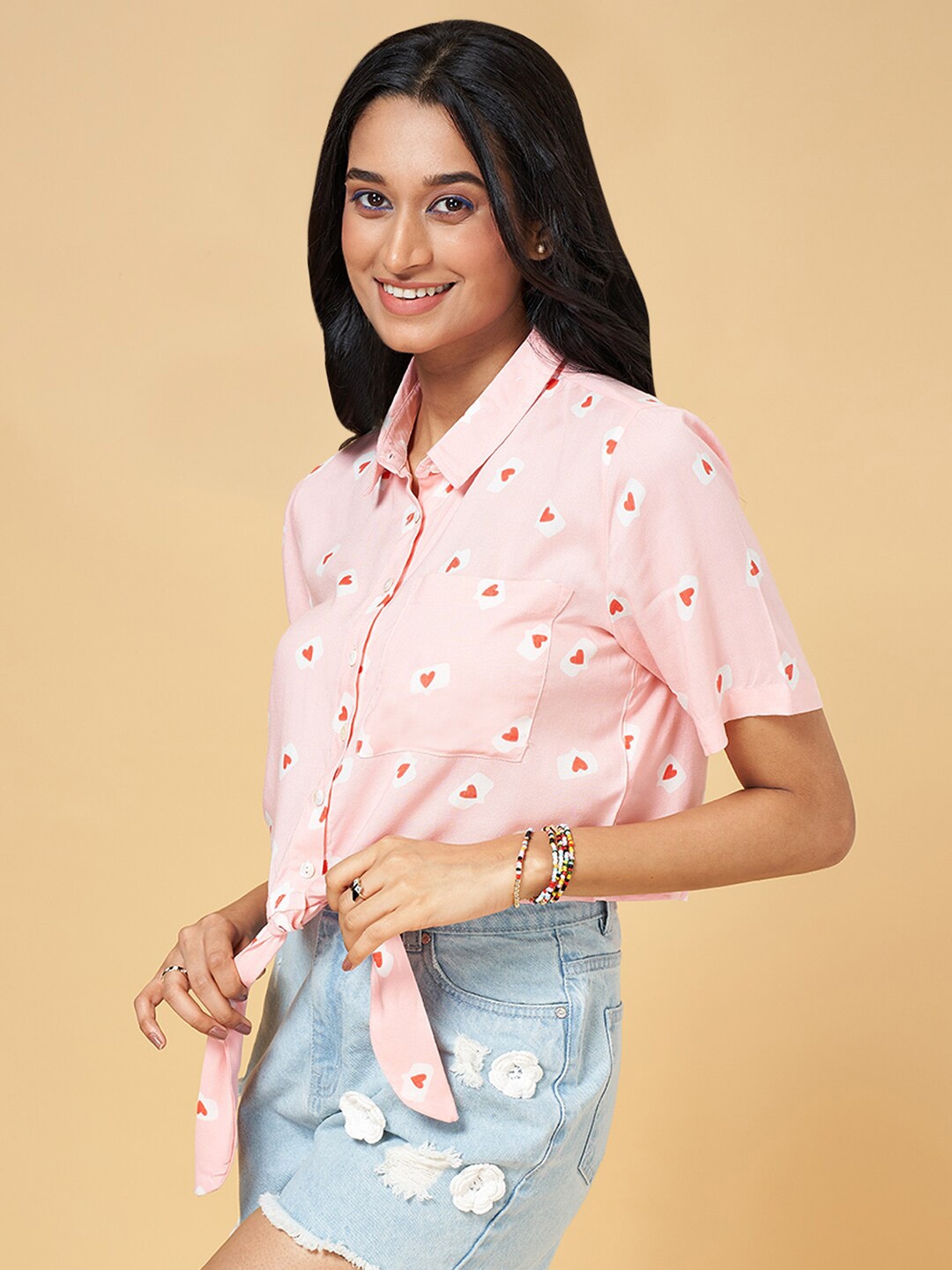 

People Conversational Printed Tie-Up Casual Crop Shirt, Pink