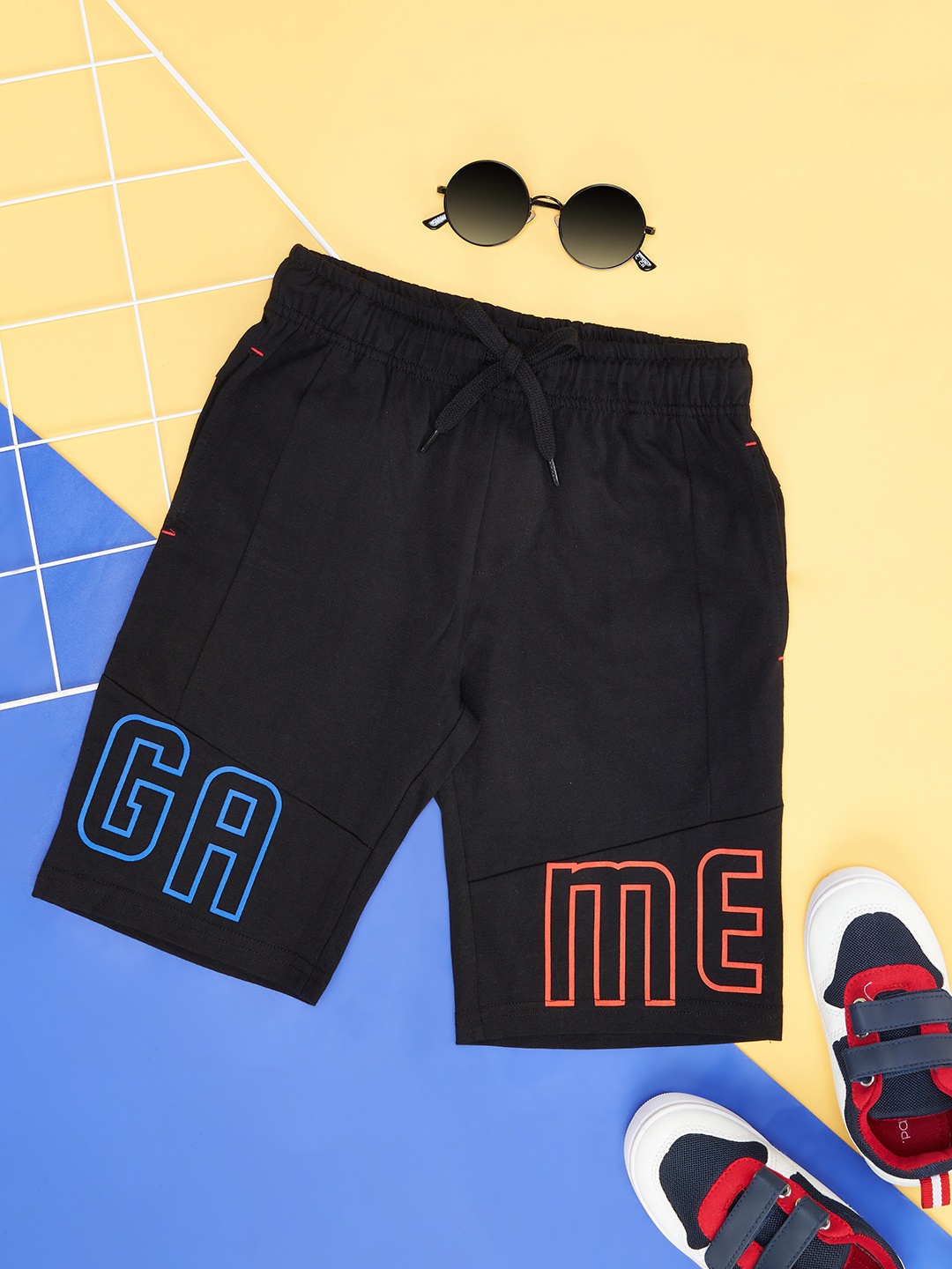 

Pantaloons Junior Boys Typography Printed Mid Rise Cotton Shorts, Black