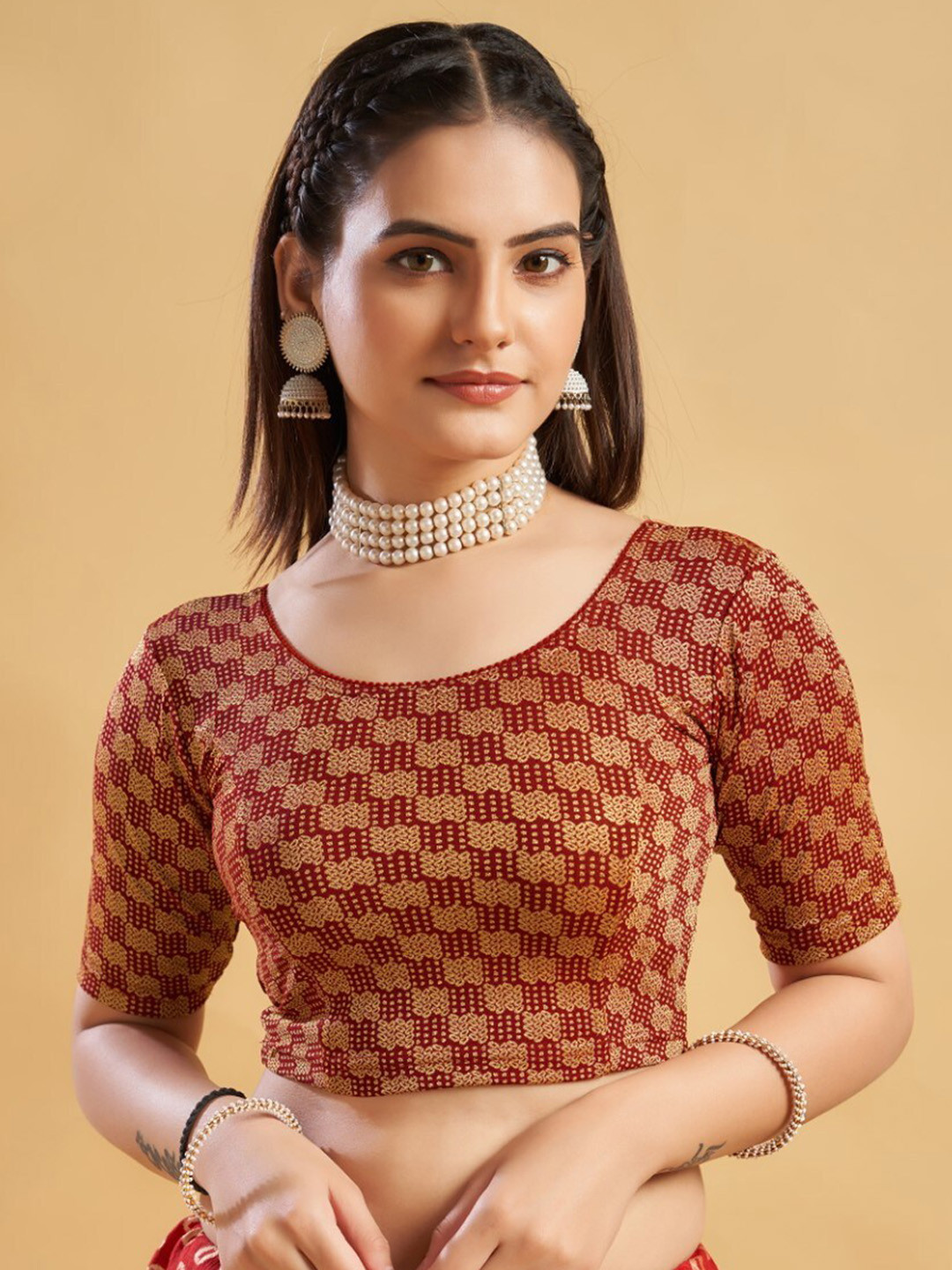

HIMRISE Ethnic Motifs Printed Readymade Saree Blouse, Maroon