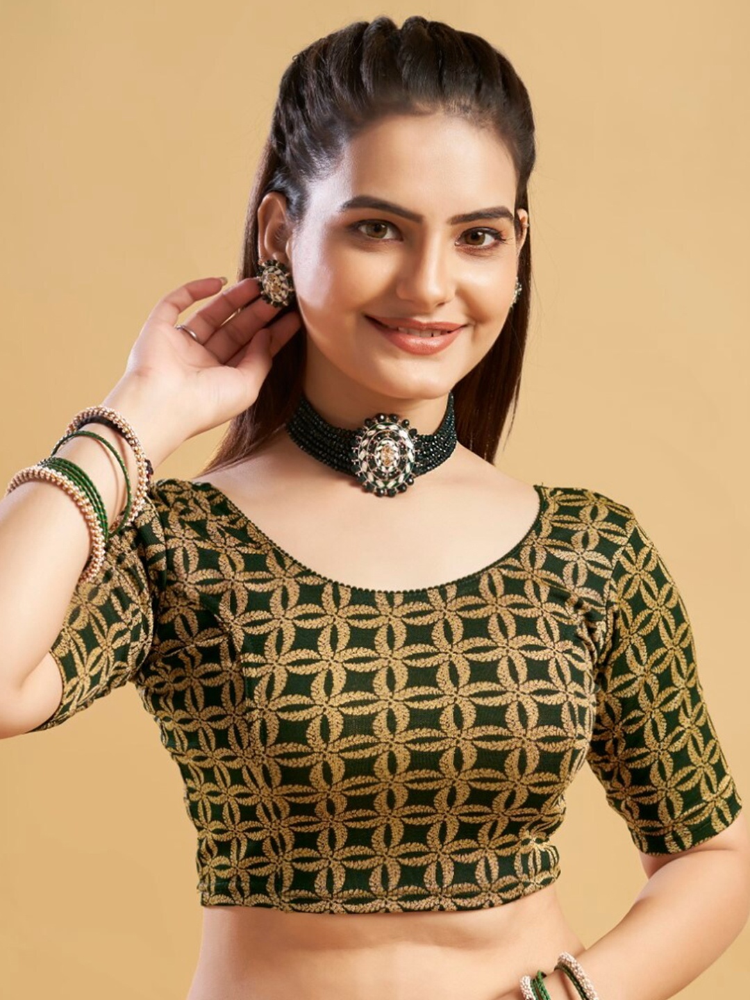 

HIMRISE Ethnic Motifs Printed Readymade Saree Blouse, Green