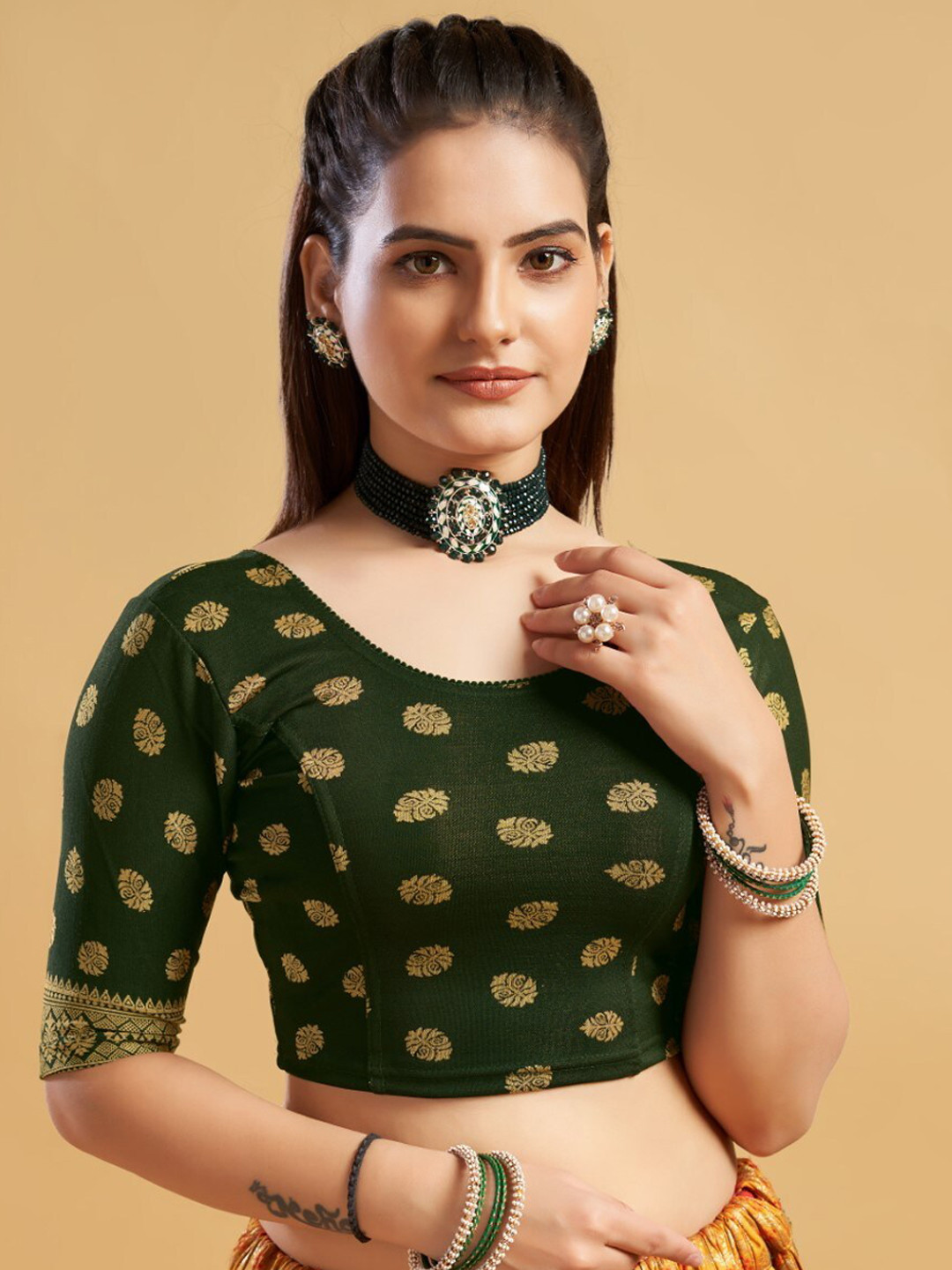 

HIMRISE Ethnic Motifs Printed Readymade Saree Blouse, Green