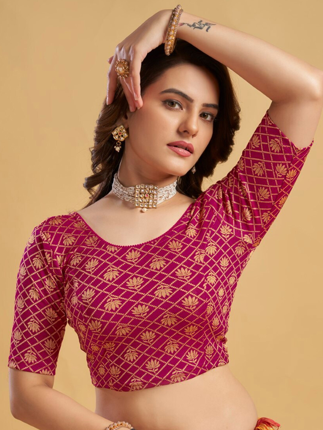 

HIMRISE Floral Printed Ready To Wear Saree Blouse, Pink