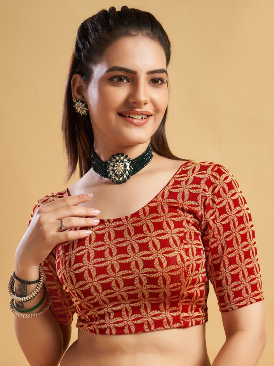

HIMRISE Ethnic Motifs Printed Readymade Saree Blouse, Red