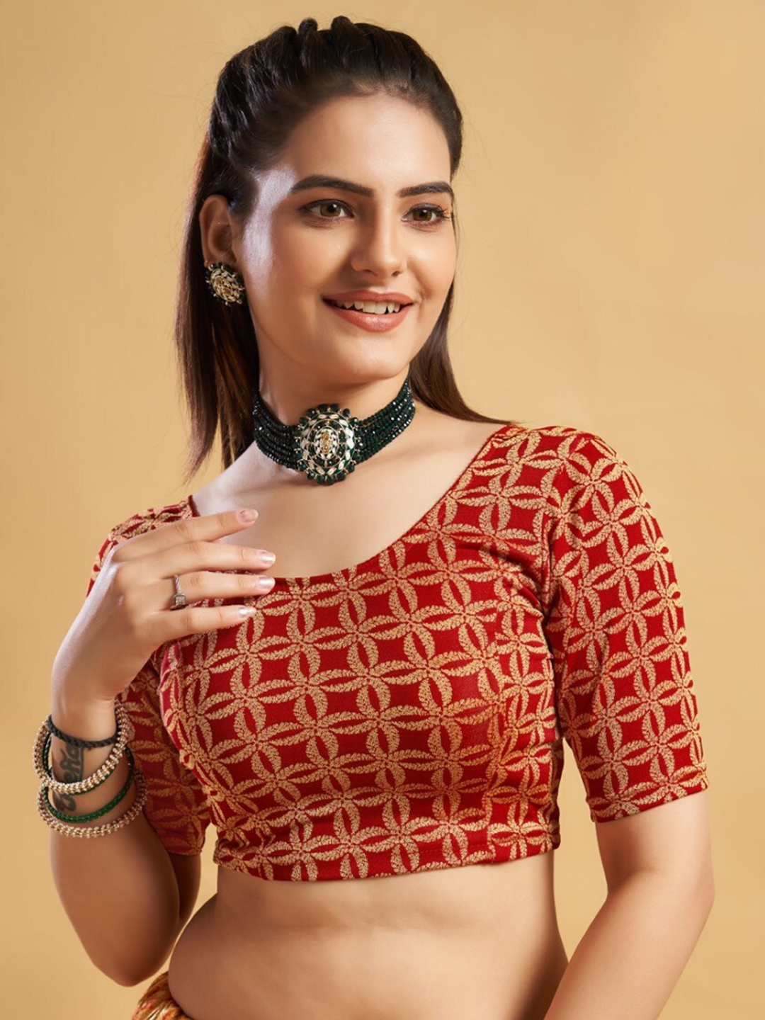

HIMRISE Floral Printed Readymade Saree Blouse, Red