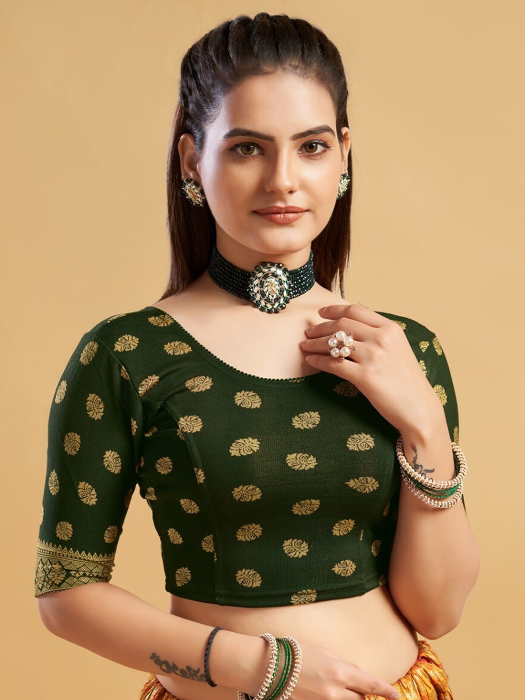 

HIMRISE Ethnic Printed Round Neck Saree Blouse, Green
