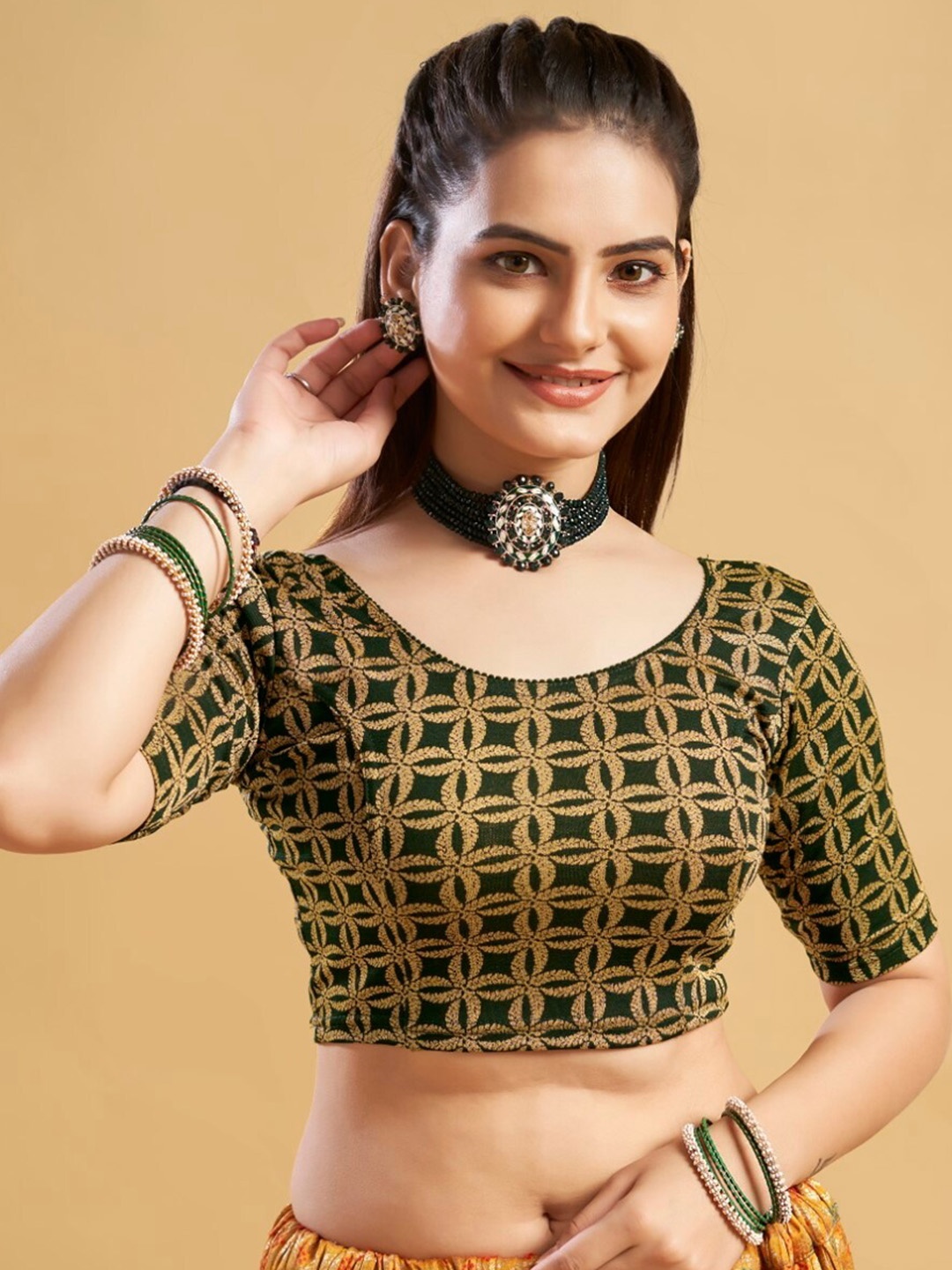 

HIMRISE Floral Printed Readymade Saree Blouse, Green