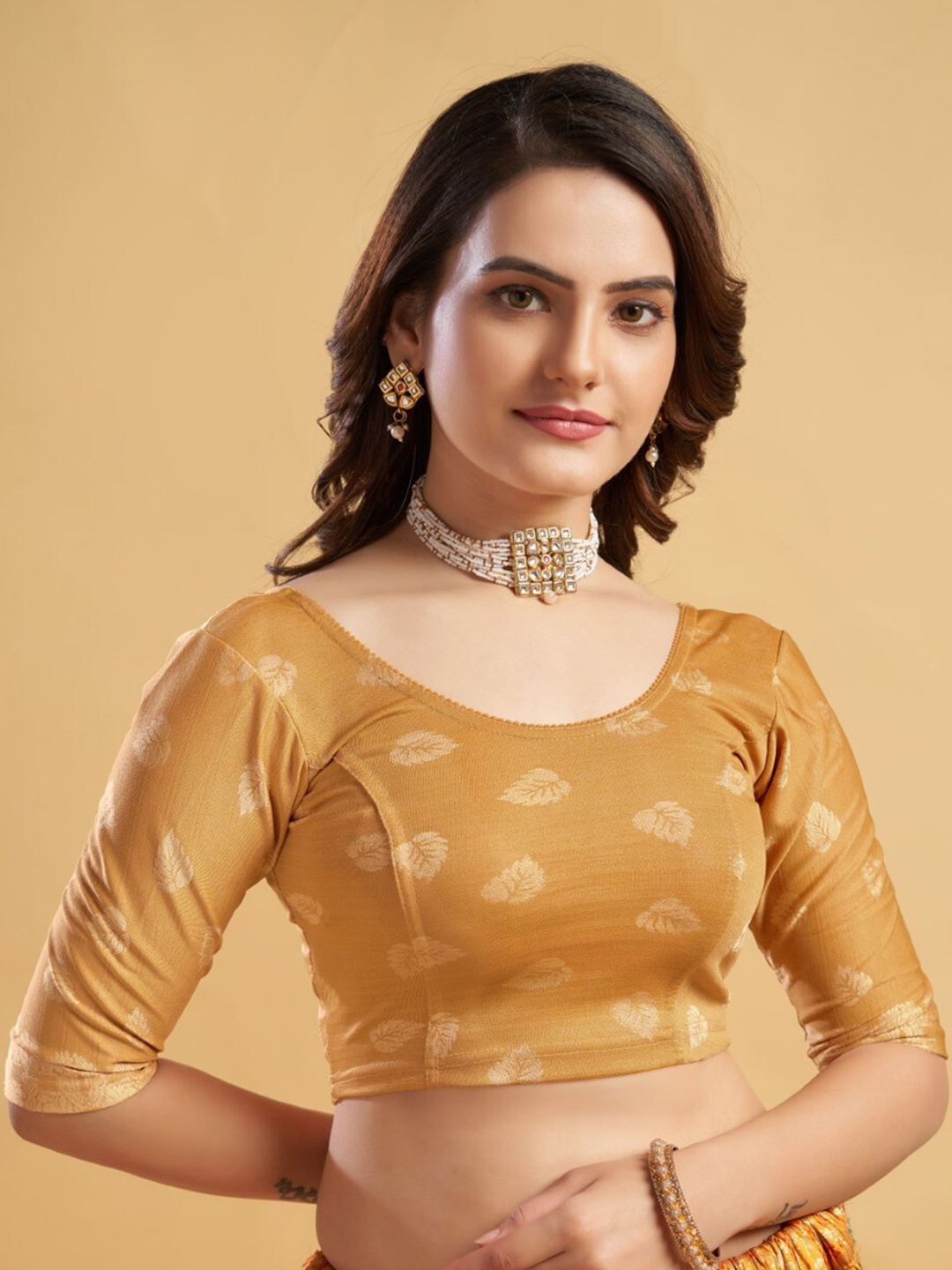 

HIMRISE Round Neck Printed Saree Blouse, Gold