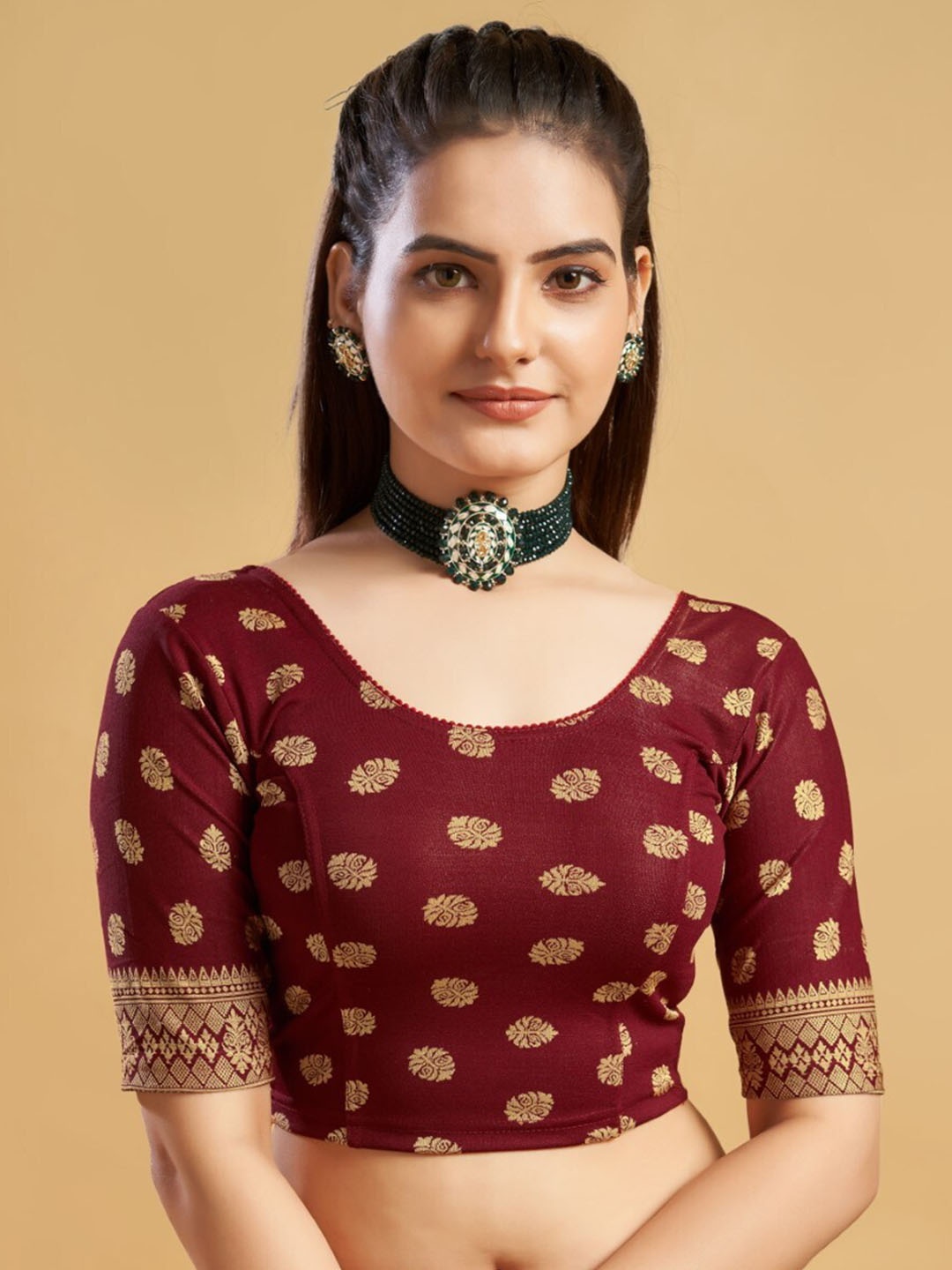 

HIMRISE Ethnic Woven-Design Saree Blouse, Maroon