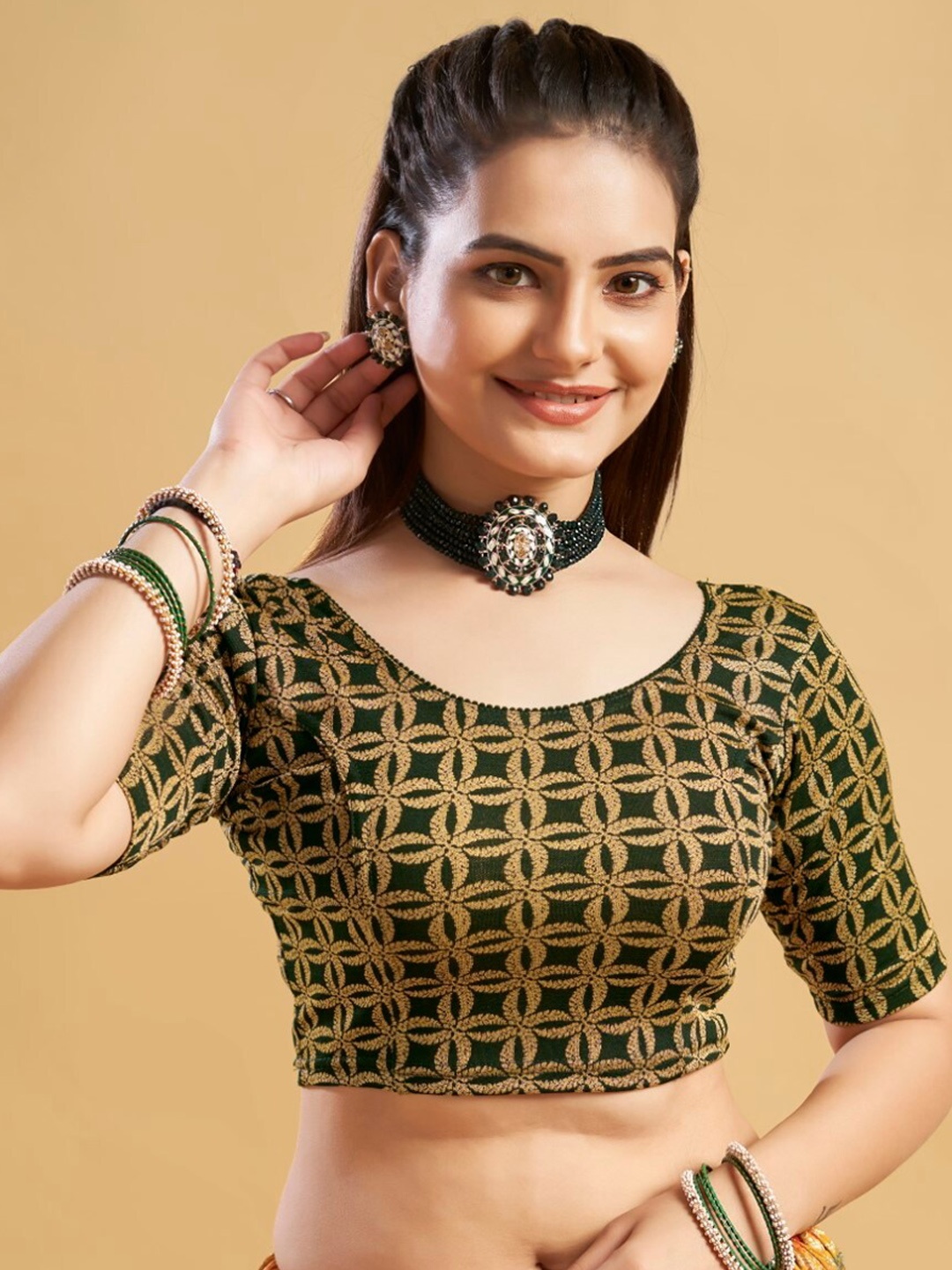 

HIMRISE Printed Lycra Saree Blouse, Green