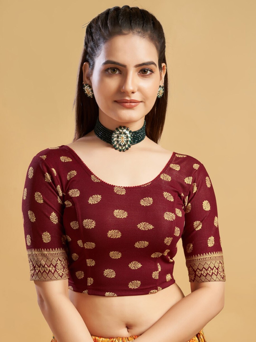 

HIMRISE Round Neck Printed Saree Blouse, Maroon