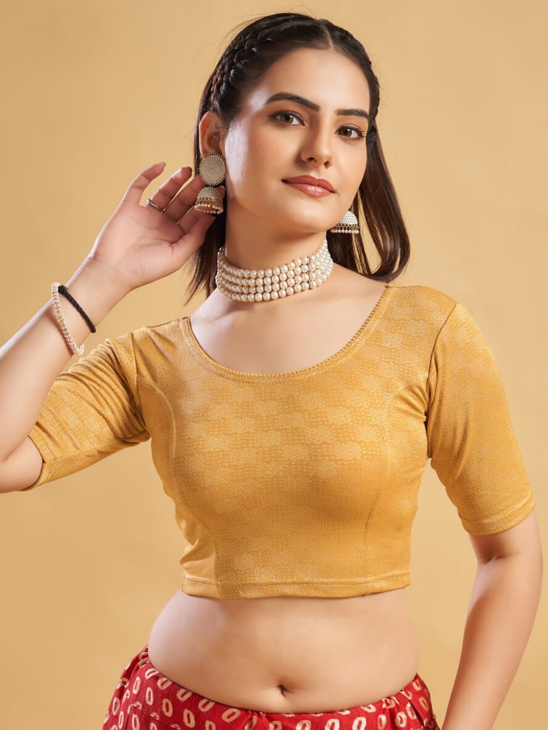 

HIMRISE Ethnic Motifs Printed Readymade Saree Blouse, Gold