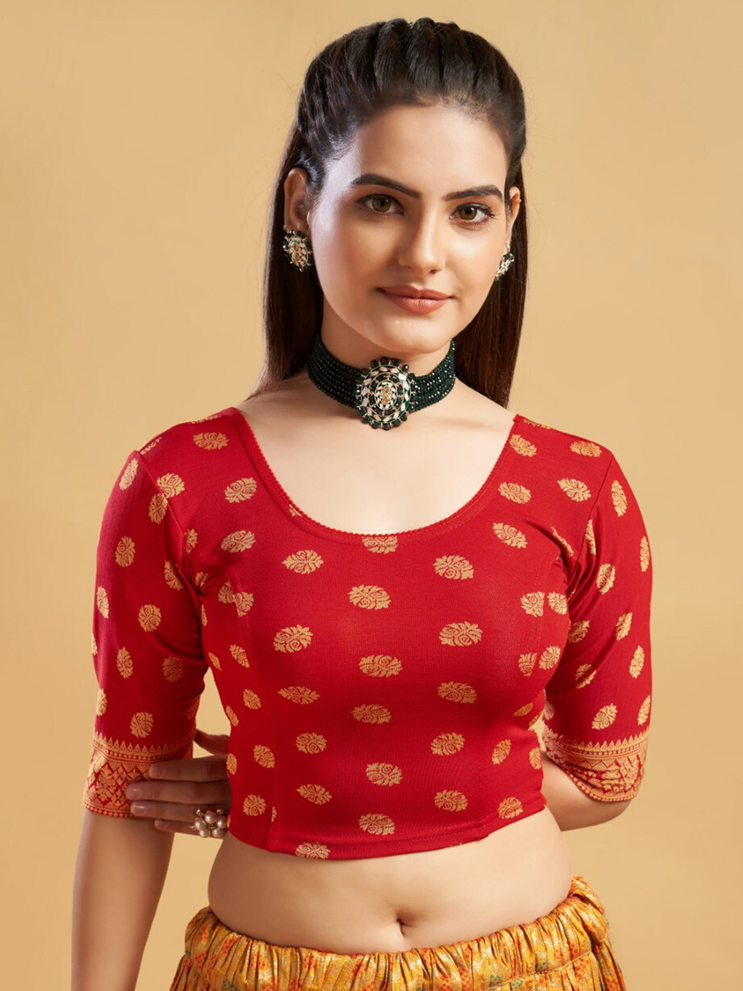 

HIMRISE Ethnic Woven Design Saree Blouse, Red