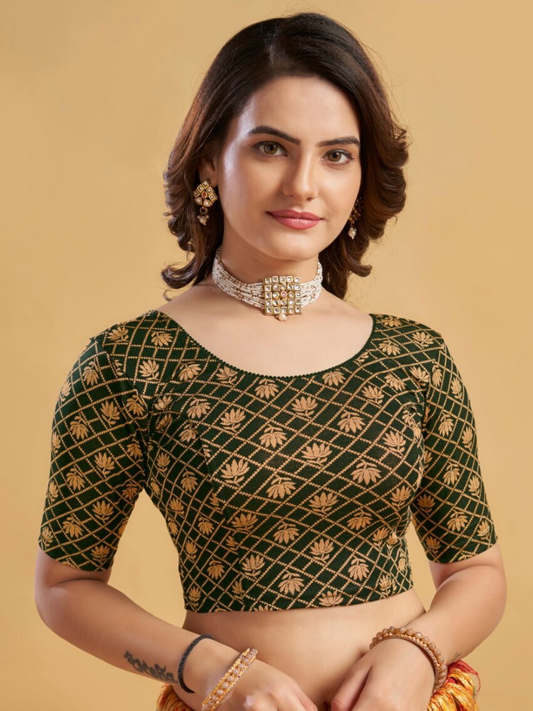 

HIMRISE Printed Readymade Saree Blouse, Green