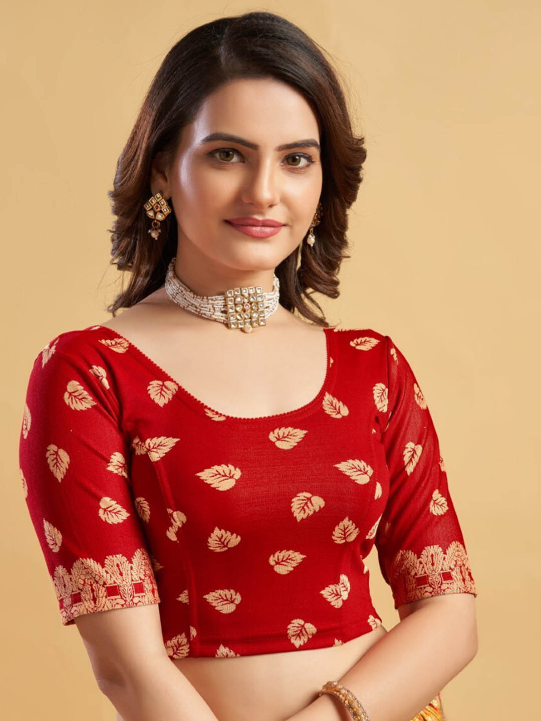 

HIMRISE Round Neck Printed Saree Blouse, Red