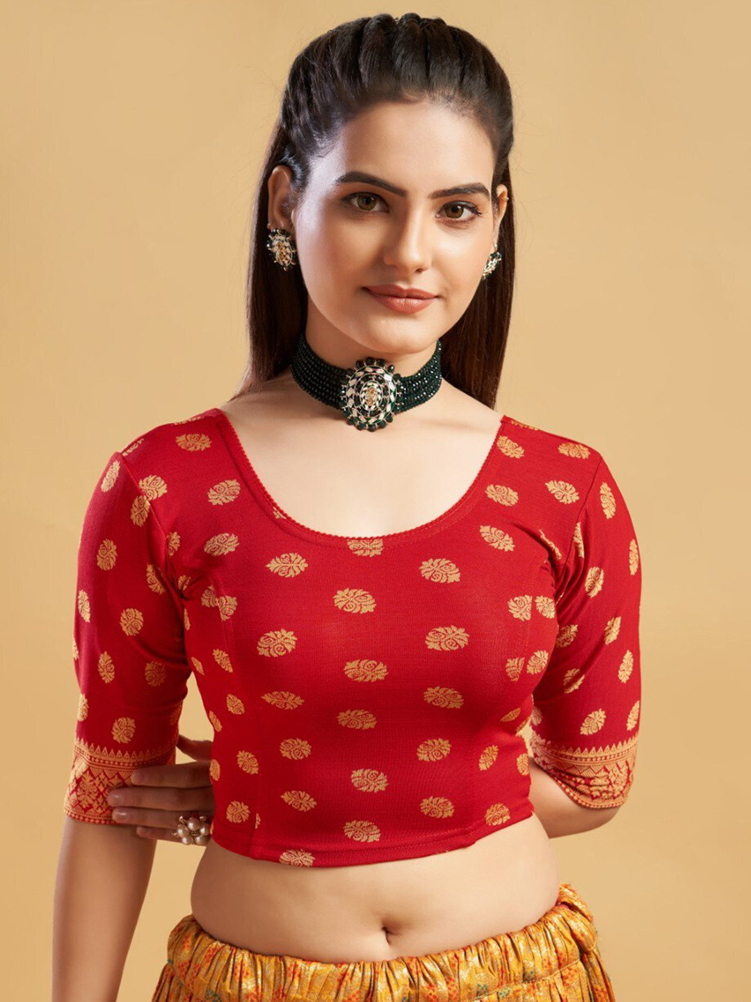 

HIMRISE Ethnic Motifs Printed Round Neck Saree Blouse, Red