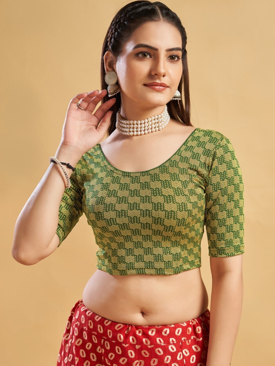 

HIMRISE Ethnic Motifs Printed Readymade Saree Blouse, Green