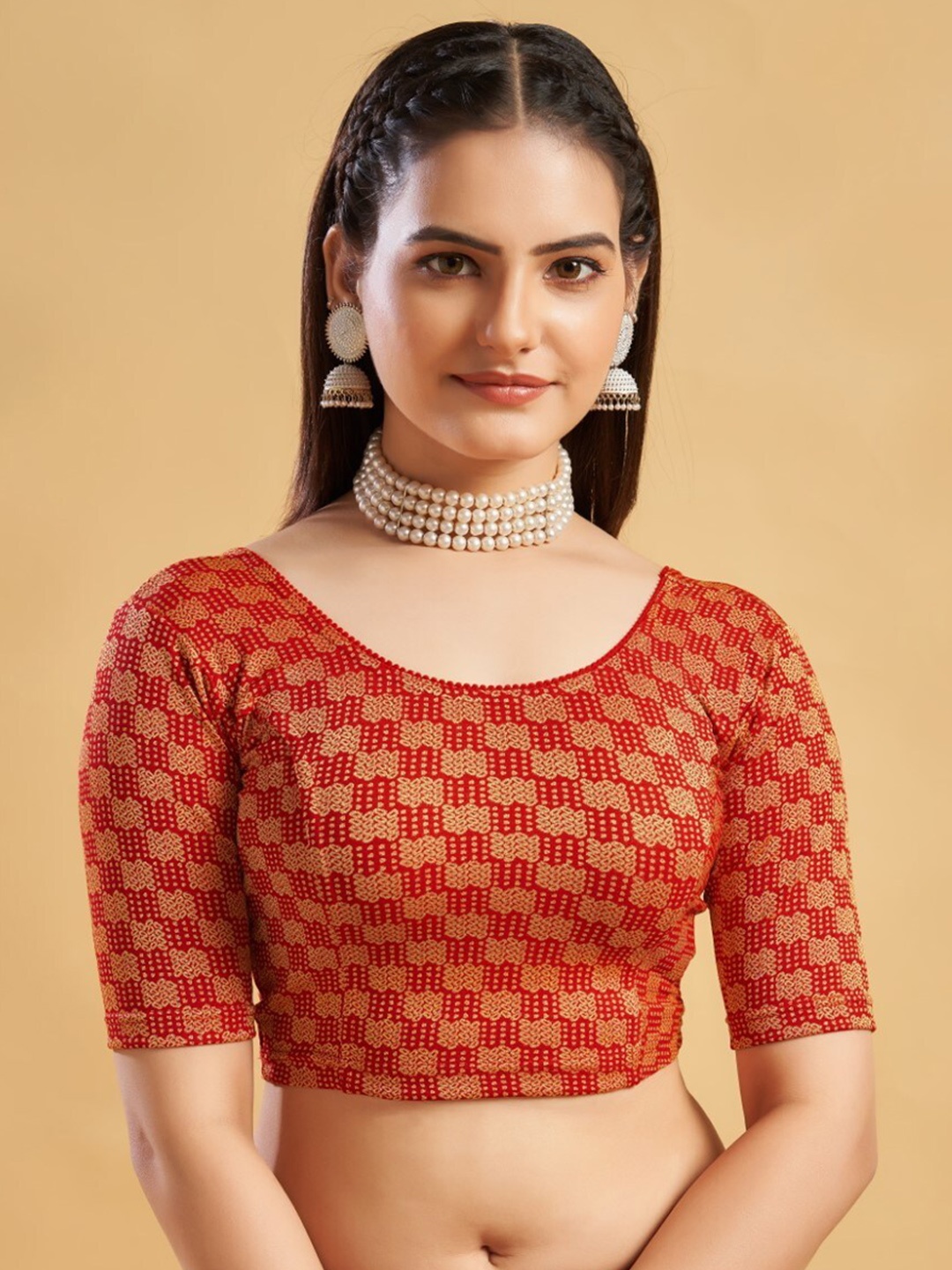 

HIMRISE Round Neck Printed Saree Blouse, Red