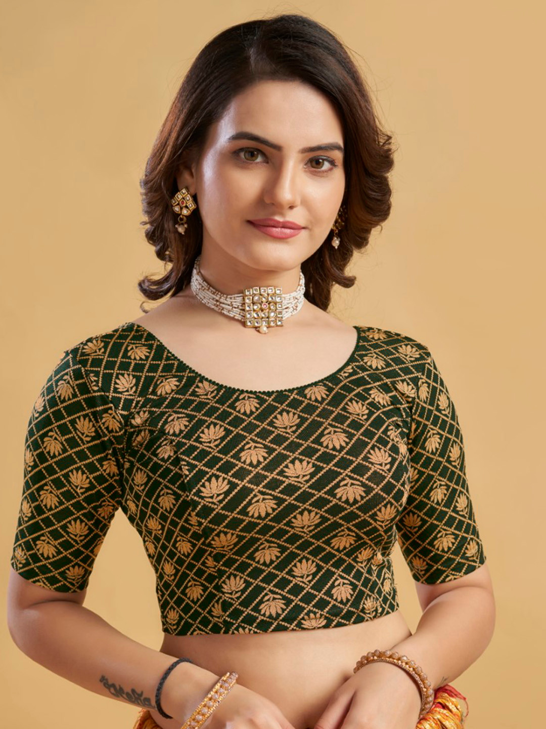 

HIMRISE Ethnic Motifs Printed Readymade Saree Blouse, Green