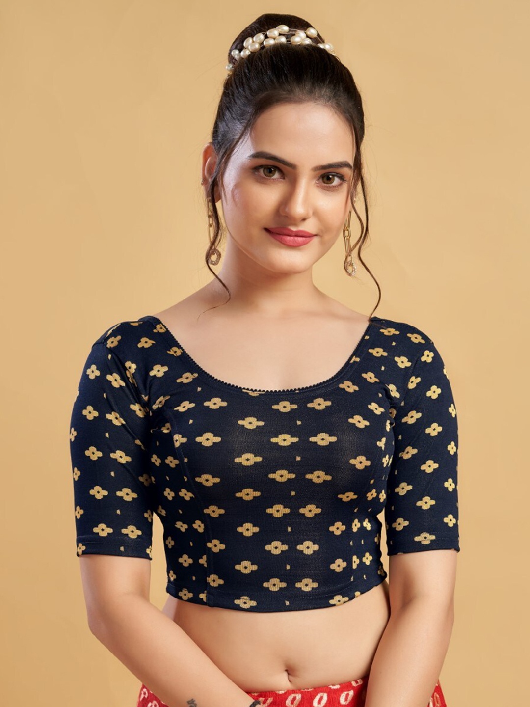 

HIMRISE Round Neck Printed Saree Blouse, Navy blue
