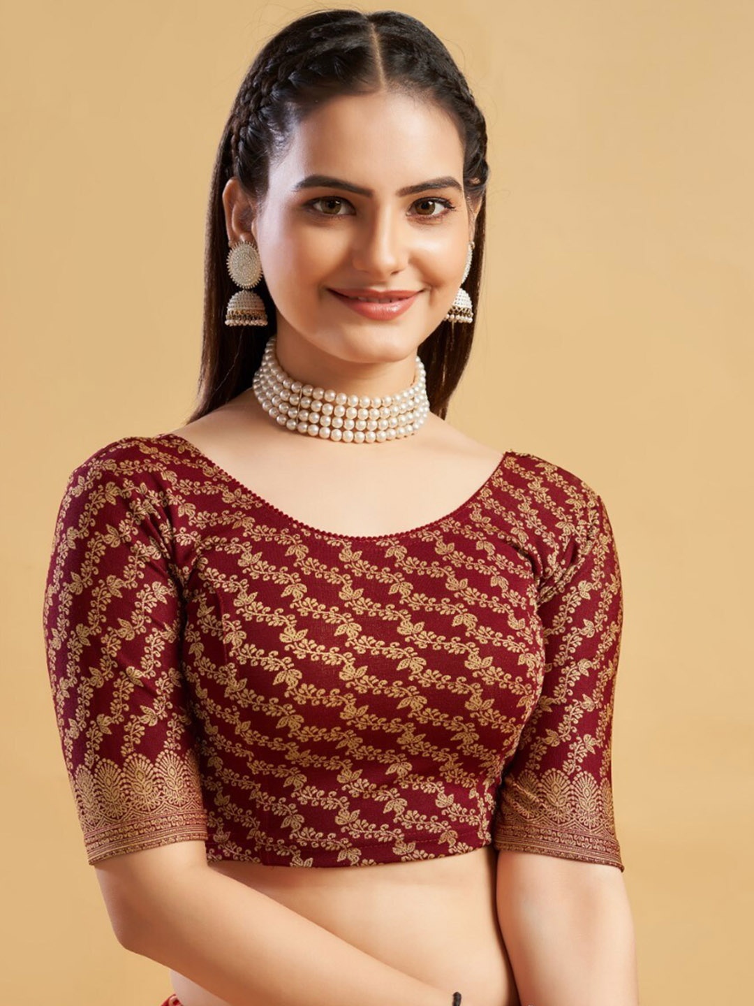 

HIMRISE Round Neck Printed Saree Blouse, Maroon
