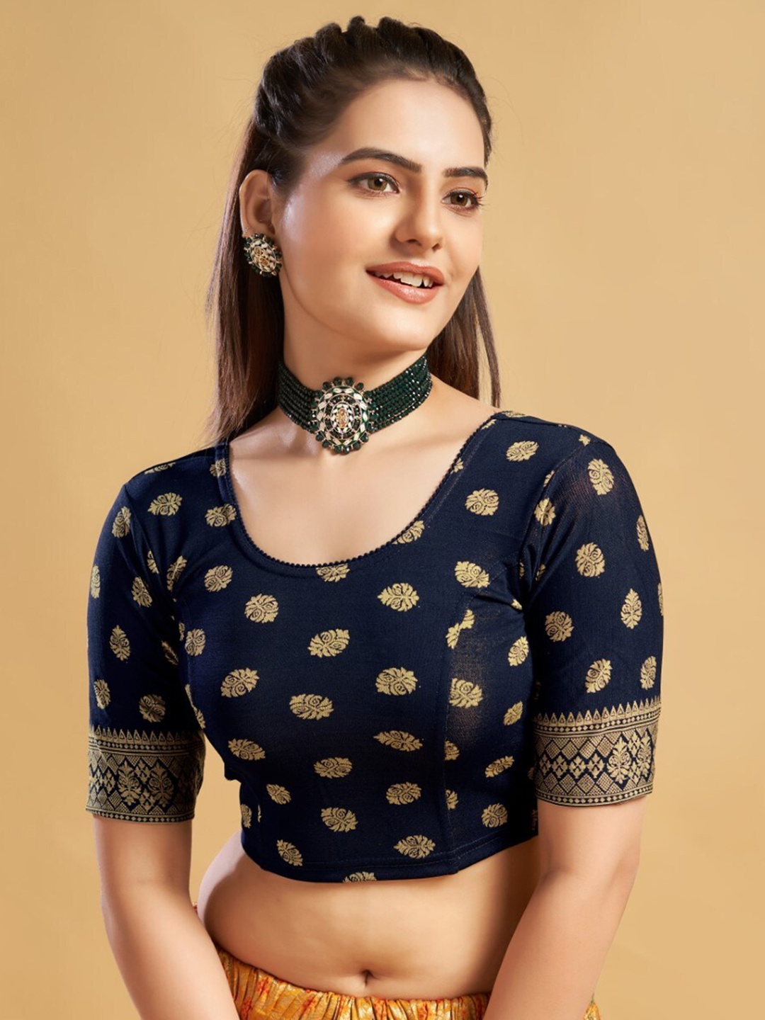 

HIMRISE Round Neck Printed Saree Blouse, Navy blue
