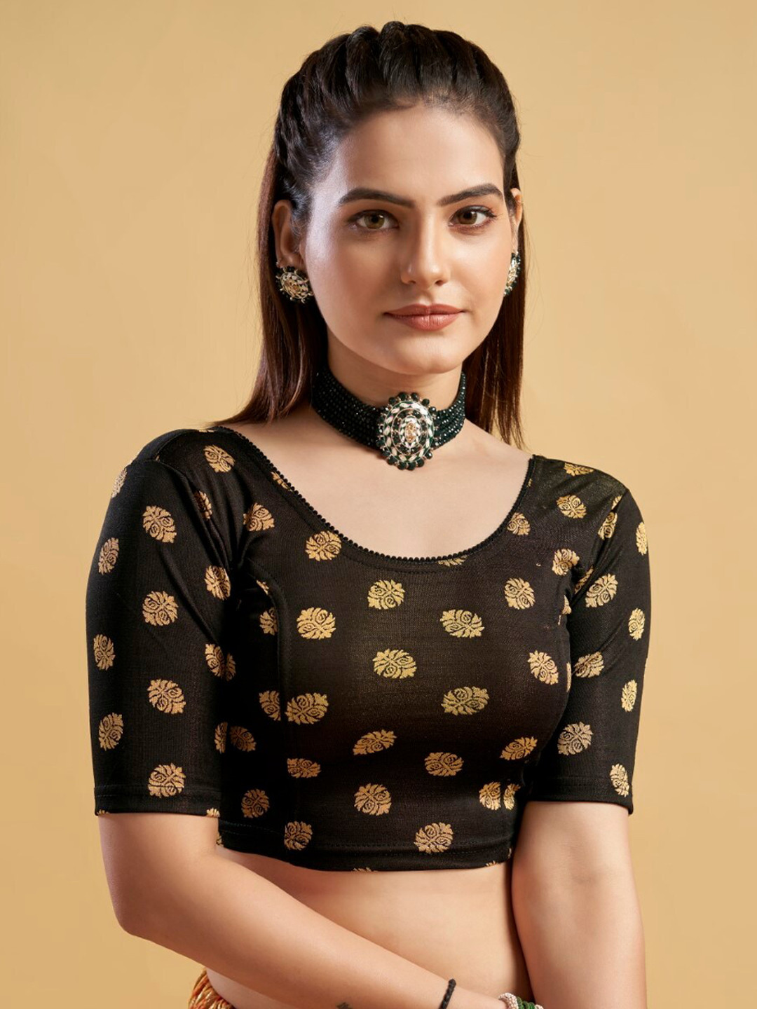 

HIMRISE Ethnic Printed Saree Blouse, Black