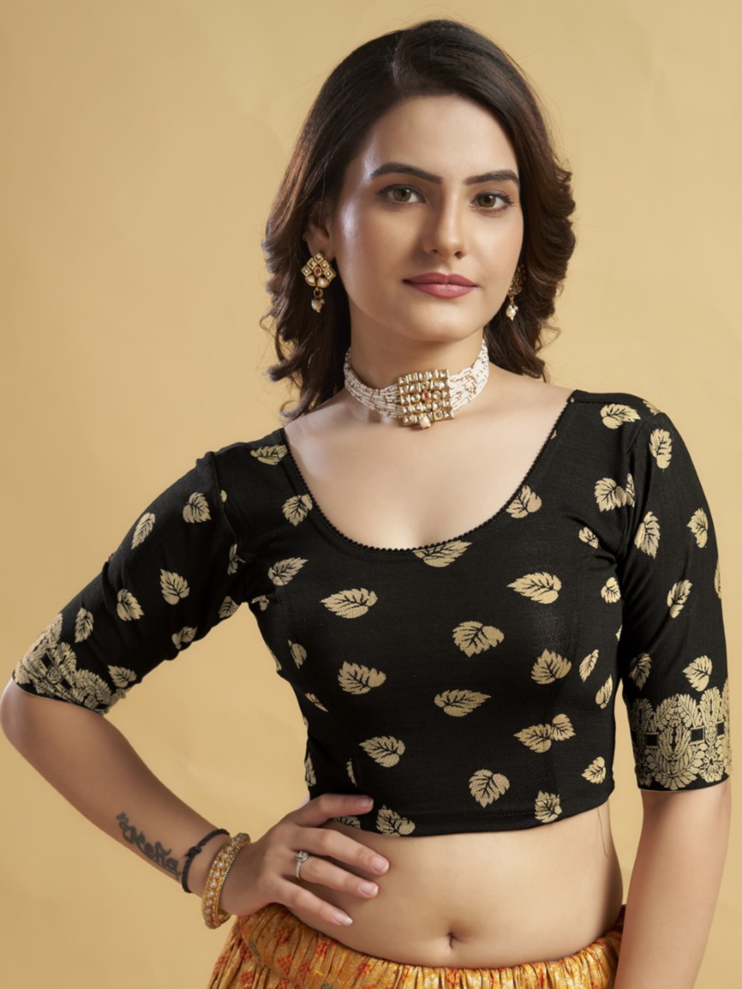 

HIMRISE Ethnic Printed Saree Blouse, Black