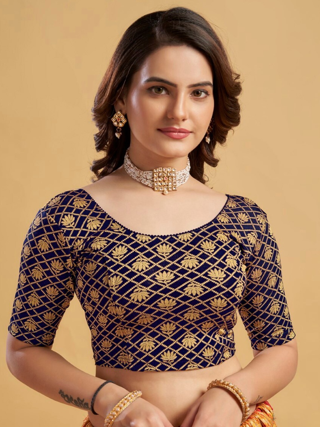 

HIMRISE Plus Size Floral Woven Design Ready To Wear Saree Blouse, Navy blue