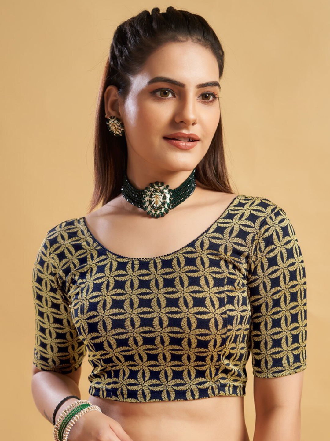 

HIMRISE Ethnic Motifs Printed Readymade Saree Blouse, Navy blue