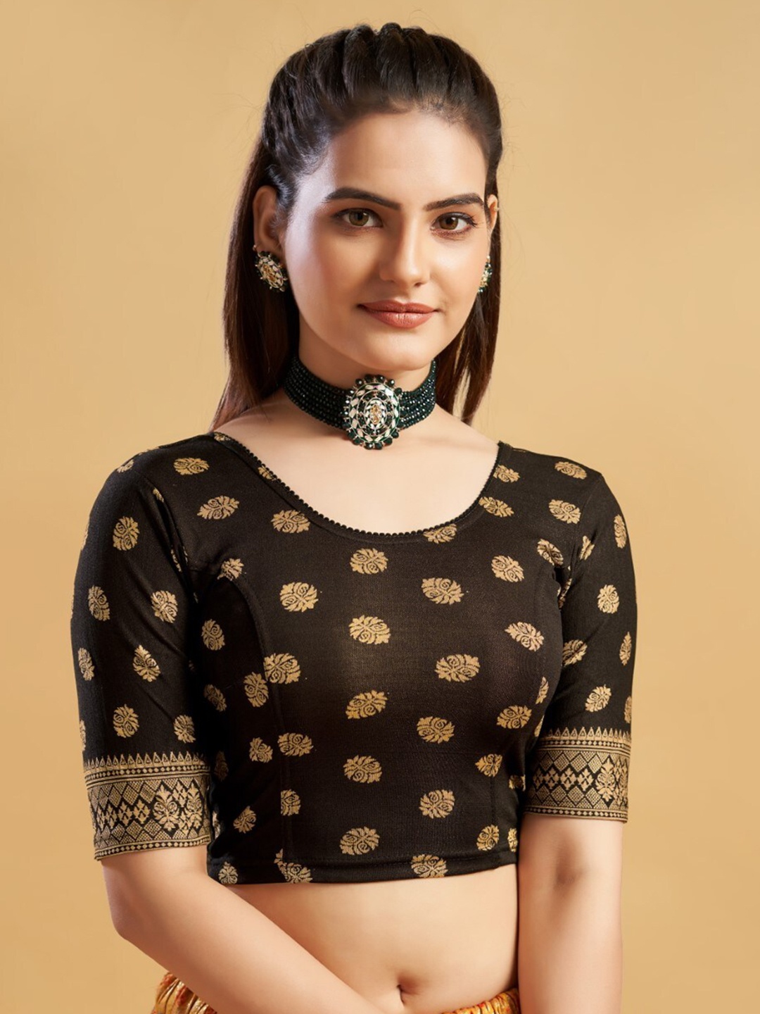 

HIMRISE Ethnic Printed Saree Blouse, Black